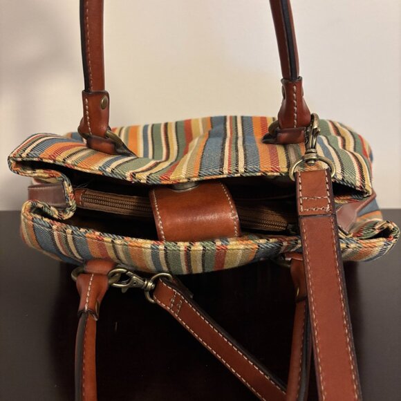 Fossil Multicolor Striped Canvas Fabric Brown Leather Crossbody - Picture 7 of 11